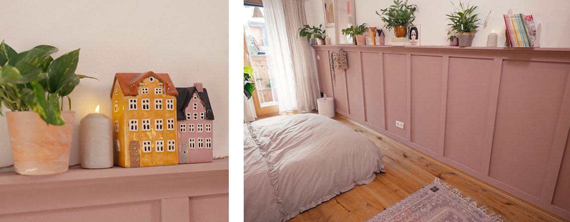 Die Schlafzimmer Wandpaneele in der SCHÖNER WOHNEN Kreidefarbe "Herbstrascheln"