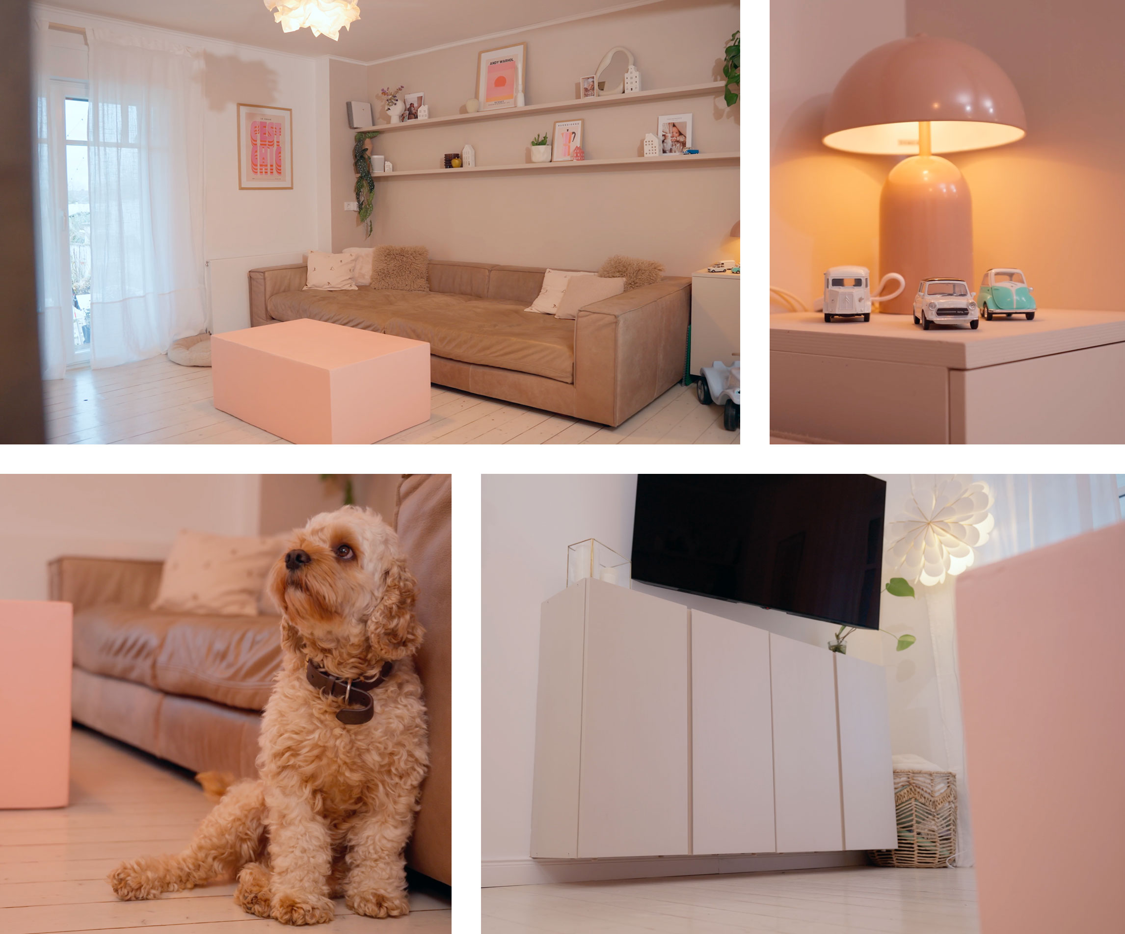 Das Wohnzimmer in der SCHÖNER WOHNEN Kreidefarbe "Sandbrise", sowie der Couchtisch im Miamirosa 31.080.01 Polarweiß Lack, Mix-Basis. 