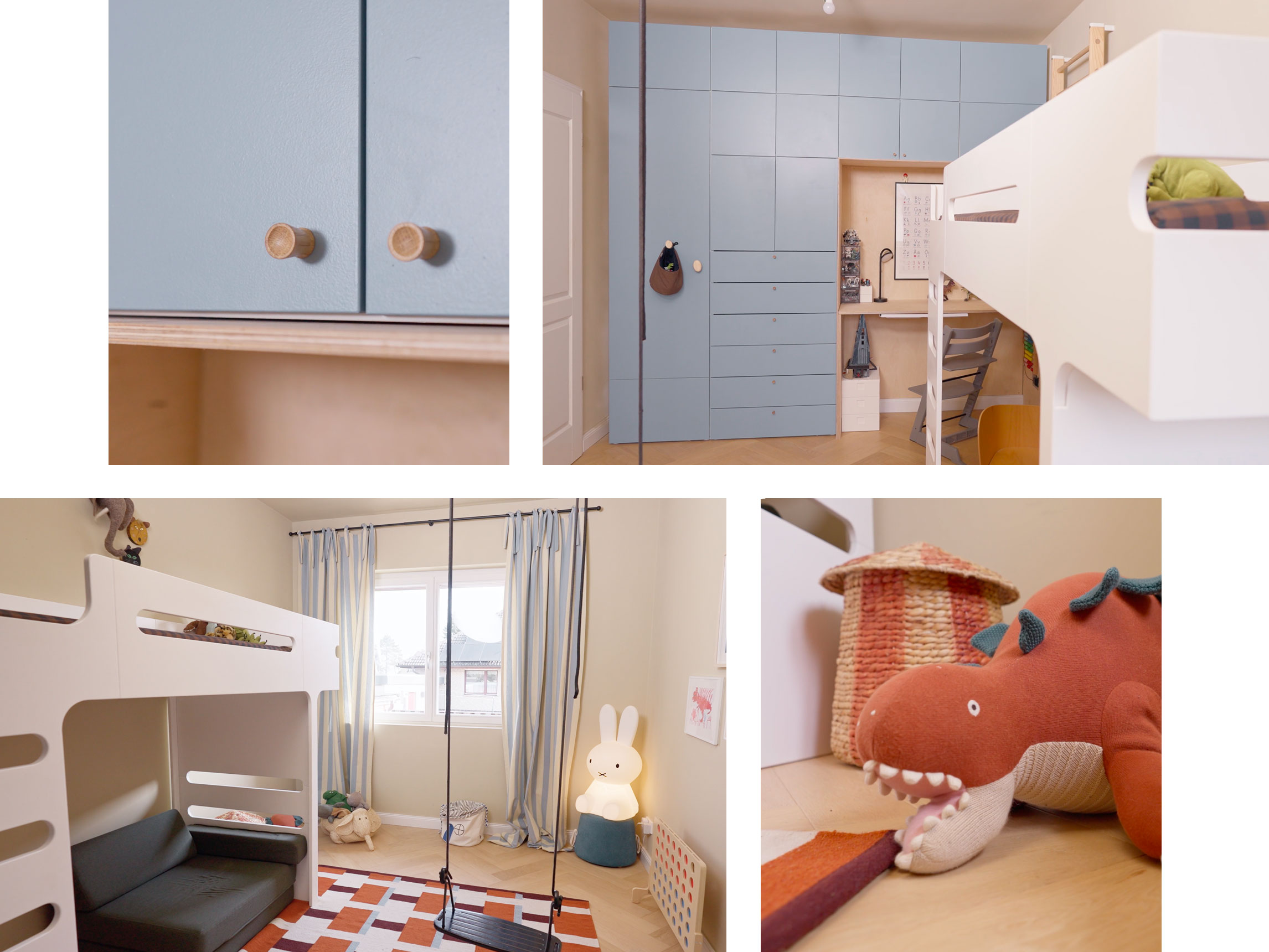 Das zweite Kinderzimmer in der SCHÖNER WOHNEN-Designfarbe "Verträumtes Wüstenbeige" und Polarweiss Lack im Ton "Entspanntes Nordischblau". 