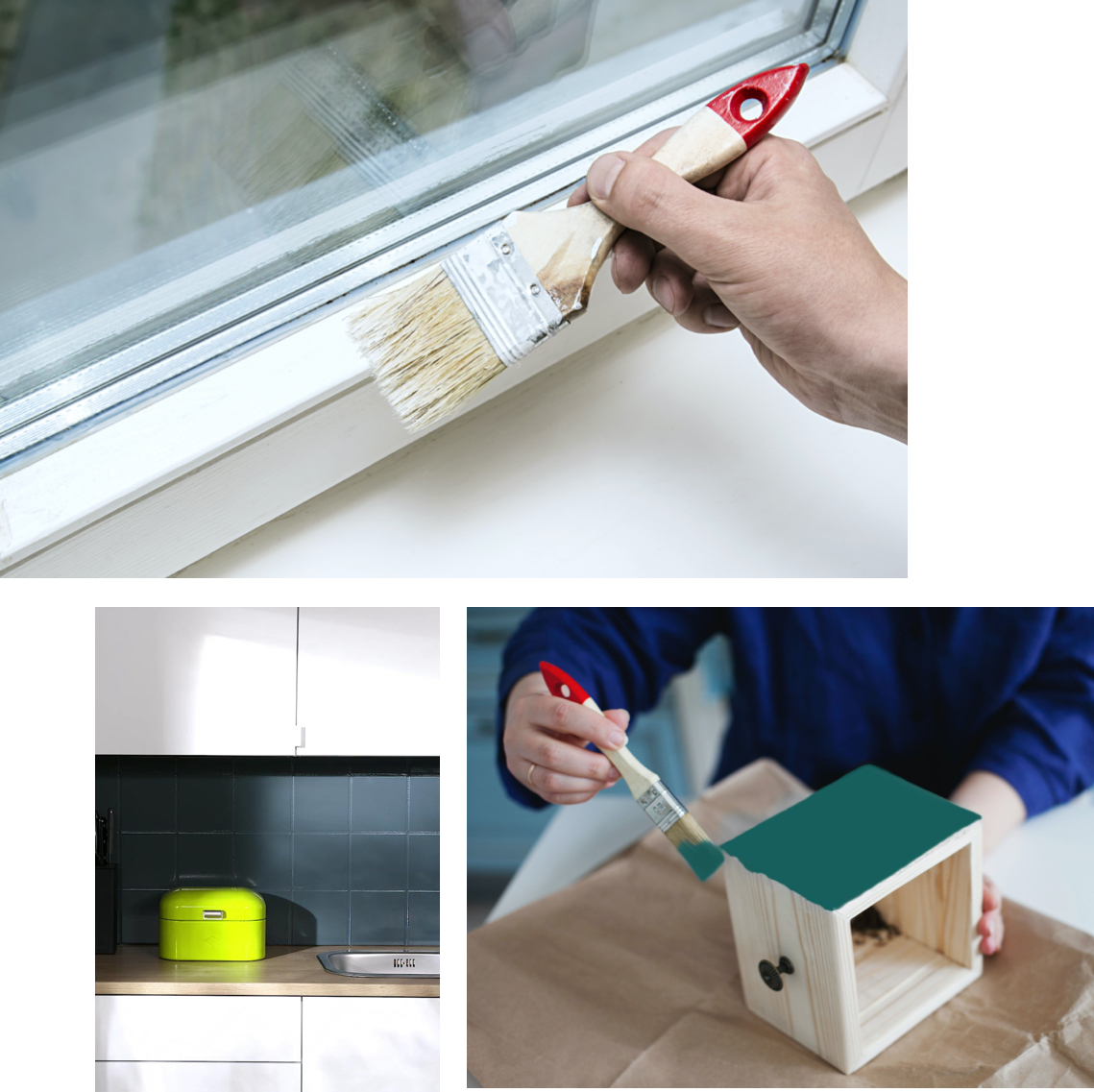 Anwendungen für SCHÖNER-WOHNE-Farbe pep-up Renovierfarben für Fensterrahmen, Fliesen und Möbel 