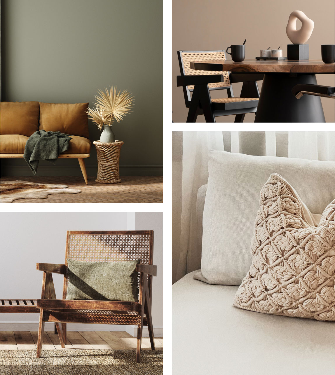 Collage mit gedeckten Farben, geschwungenen Formen und Textilien passend zum Thema Ruhaoase