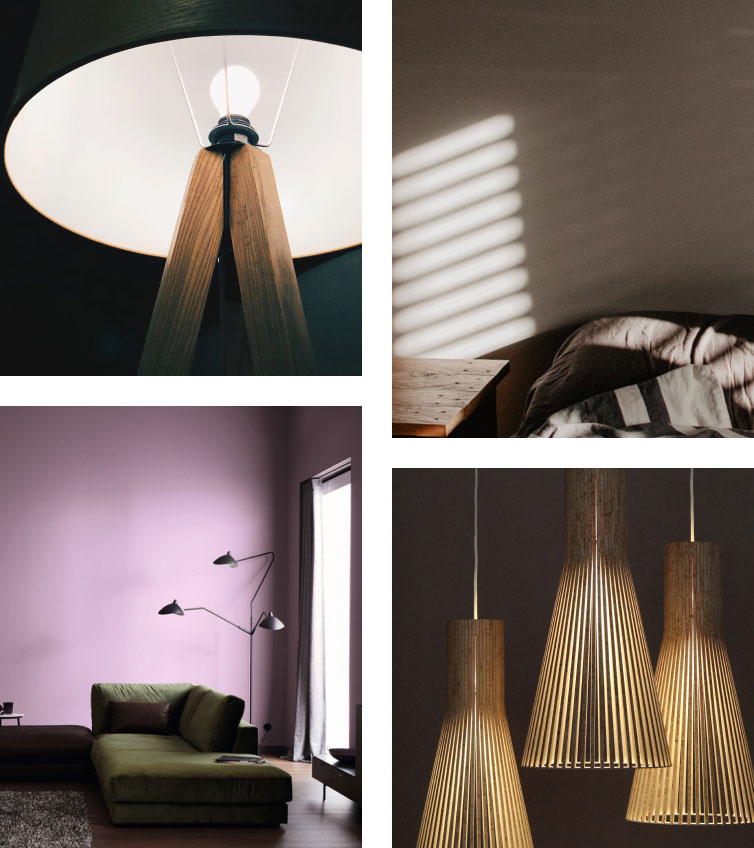 Collage aus mehreren Lichtquellen mit unterschiedlichen Lichtstärken und Farben passend zum Thema zehn goldene Einrichtungsregeln