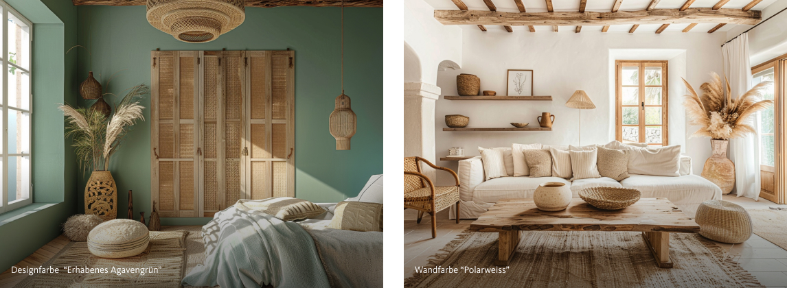 Schlafzimmer und Wohnzimmer in den Wandfarben von SCHÖNER-WOHNEN-Farbe im Einrichtungsstil "Mediterranes Flair"
