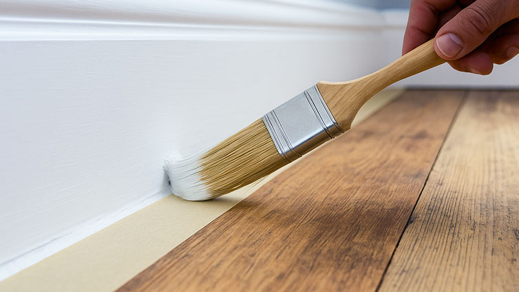 Streichen der Fußleiste mit der Schöner Wohnen Renovierfarbe "Nordicweiss"