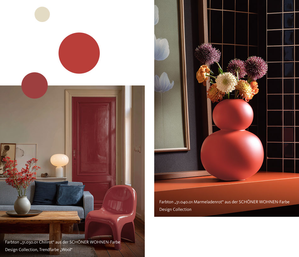 Dekorative Details zum Thema "Cherry Coded" in dem Farbton "Chilirot" und "Marmeladenrot" aus der SCHÖNER WOHNEN-Farbe Design Collection