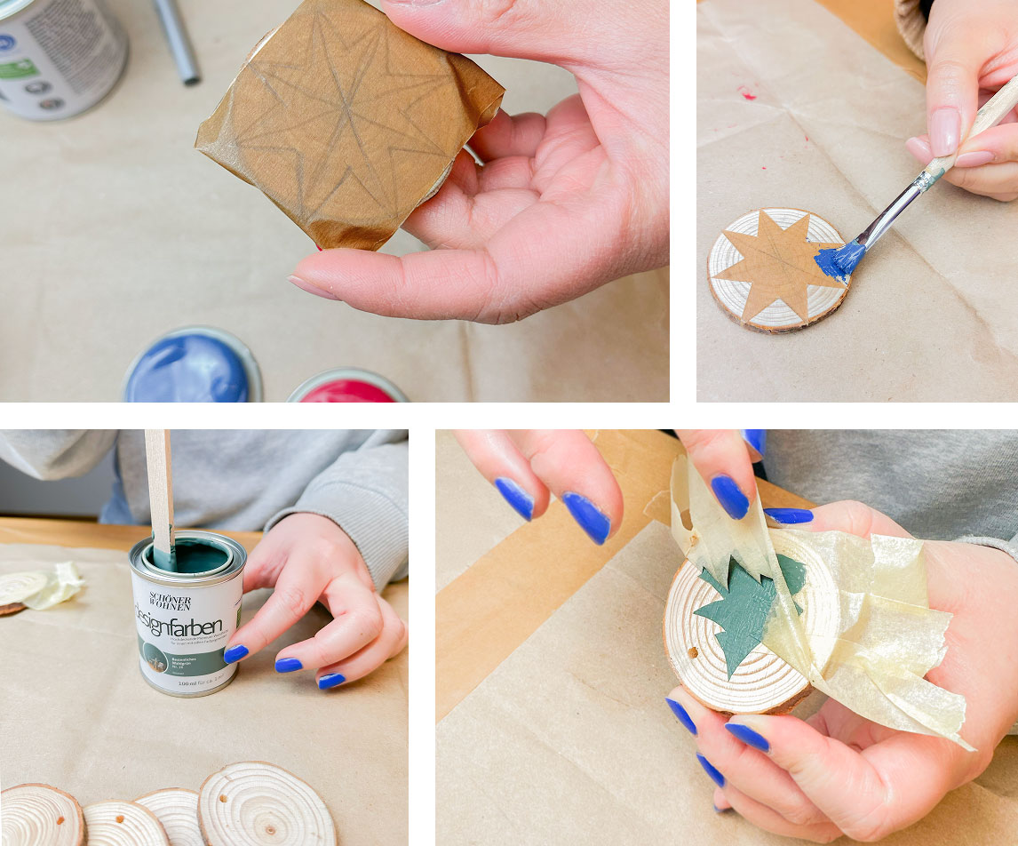 Abkleben der Baumscheiben und Bemalen der Baumscheiben in den SCHÖNER WOHNEN Designfarben