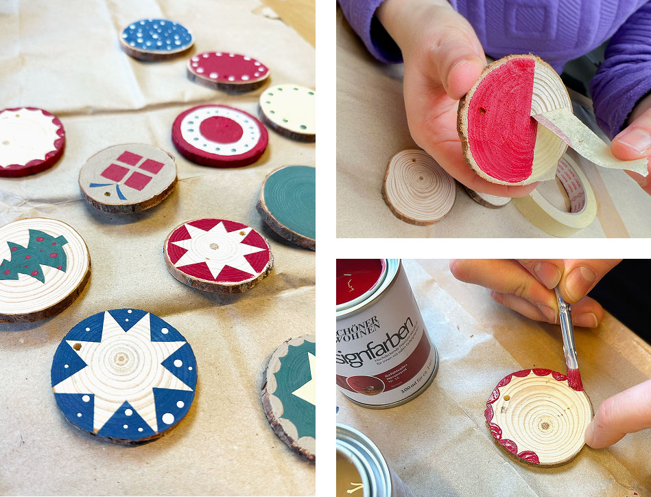 Verschiedene weihnachtliche Motive für die Baumscheiben in den SCHÖNER WOHNEN Designfarben