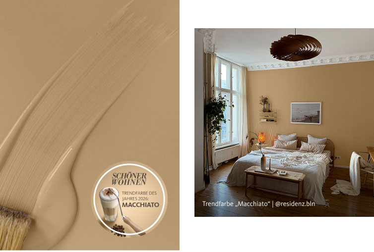 Links: Unsere Trendfarbe des Jahres 2026 ist Macchiato, Rechts: Interior Inspiration von @residenz.bln in der SCHÖNER WOHNEN Trendfarbe "Macchiato"
