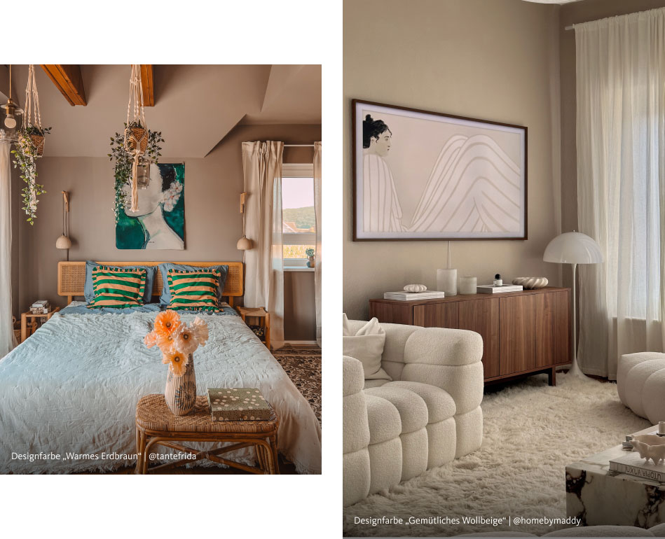 Links: Interior Inspiration von @tantefrida in der SCHÖNER WOHNEN Designfarbe "Warmes Erdbraun", Rechts: Interior Inspiration von @homebymaddy in der SCHÖNER WOHNEN Designfarbe "Gemütliches Wollbeige"