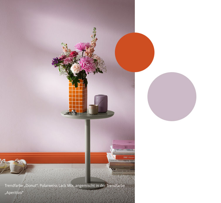 Trendfarbe „Donut“, Polarweiss Lack Mix, angemischt in der Trendfarbe „Aperitivo“