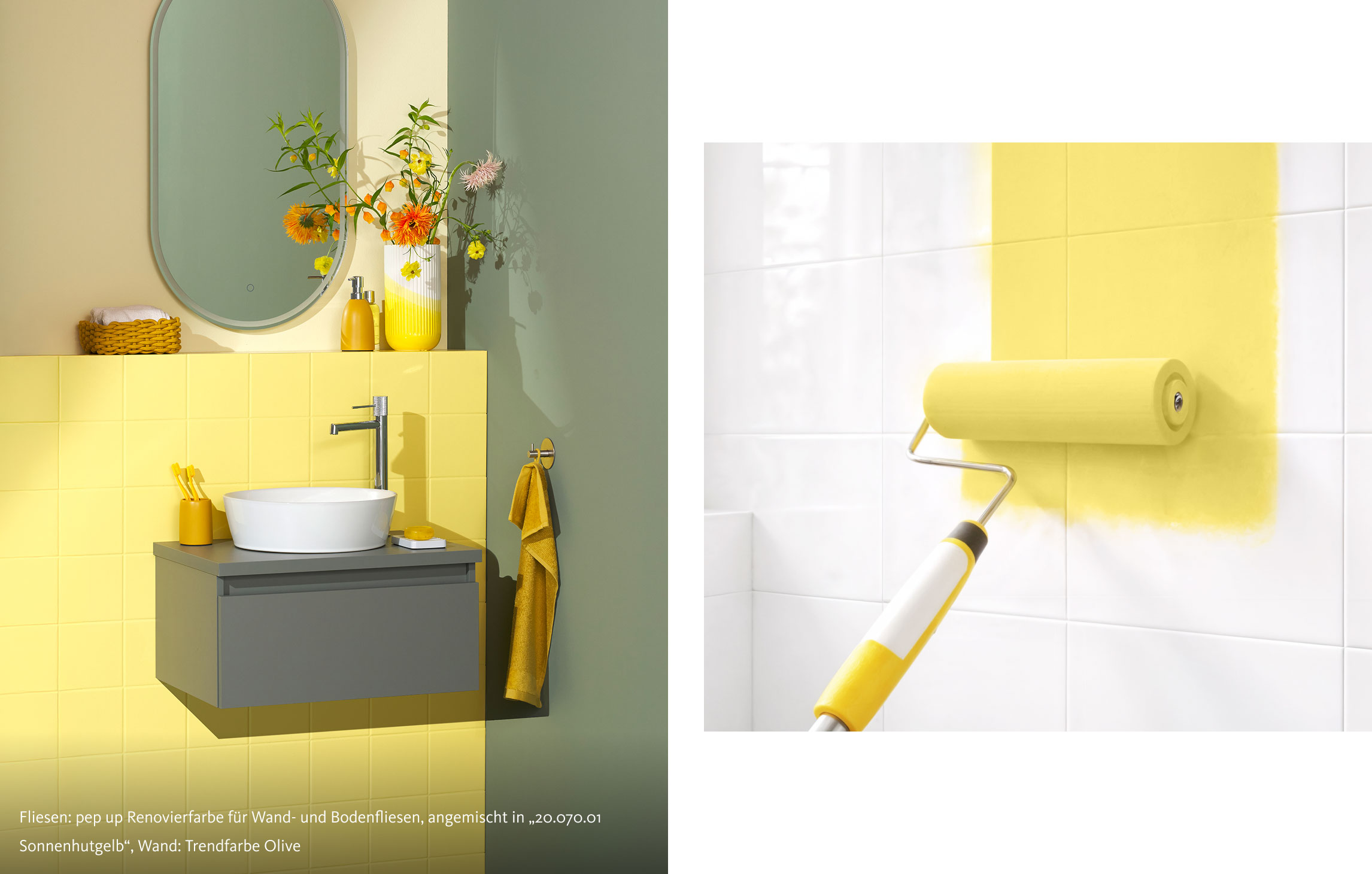 Interior Inspiration zum Thema "pep up Renovierfarbe" von SCHÖNER WOHNEN-Farbe. Fliesen: pep up Renovierfarbe für Wand- und Bodenfliesen, angemischt in „20.070.01 Sonnenhutgelb“, Wand: Trendfarbe Olive