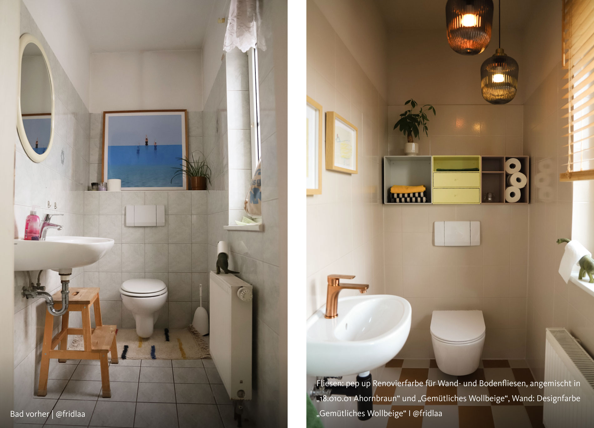 Links: Bad vorher von @fridlaa, Rechts: Fliesen: pep up Renovierfarbe für Wand- und Bodenfliesen, angemischt in „18.010.01 Ahornbraun“ und „Gemütliches Wollbeige“, Wand: Designfarbe „Gemütliches Wollbeige“ von @fridlaa