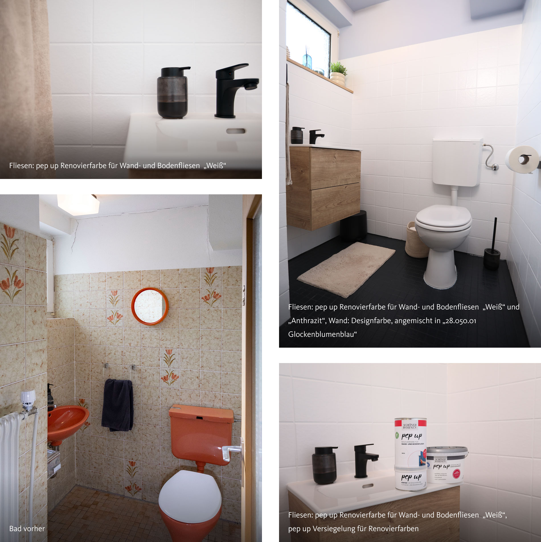 Interior Inspiration zum Thema "pep up Renovierfarbe für Wand- und Bodenfliesen" in den Farben "Weiß" und "Anthrazit"