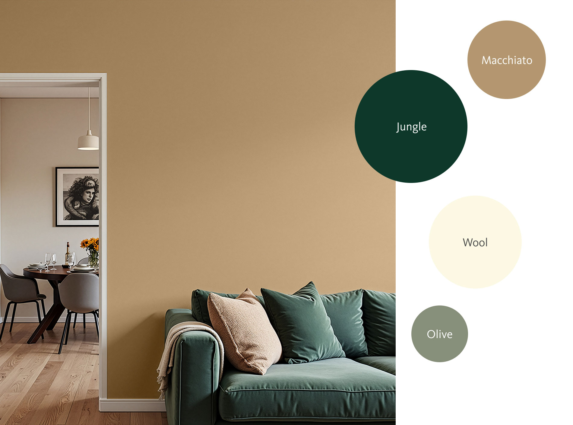 Kombinationsfarben zu der Trendfarbe Macchiato in "Jungle", "Olive" und "Wool"
