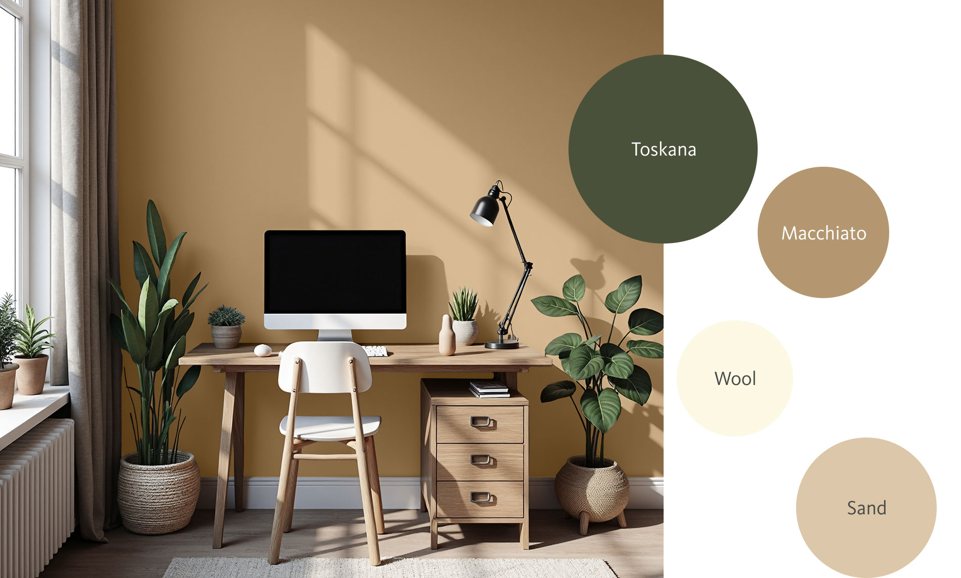 Kombinationsfarben zu der Trendfarbe Macchiato in "Toskana", "Sand" und "Wool"