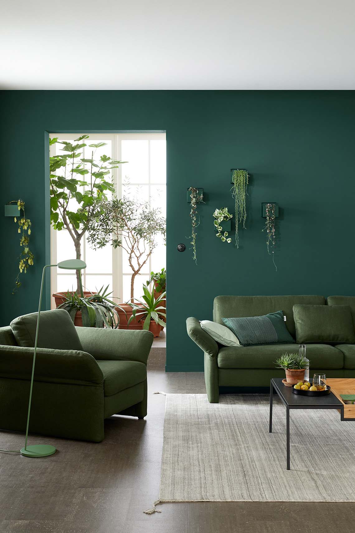 Wohnzimmer mit Fenster und grüner Wand, Designfarbe Besinnliches Waldgrün Nr. 26